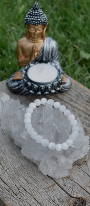 Natural WHITE SELENITE Single Stone Bracelet - grade A, 8mm Smooth Round Bead