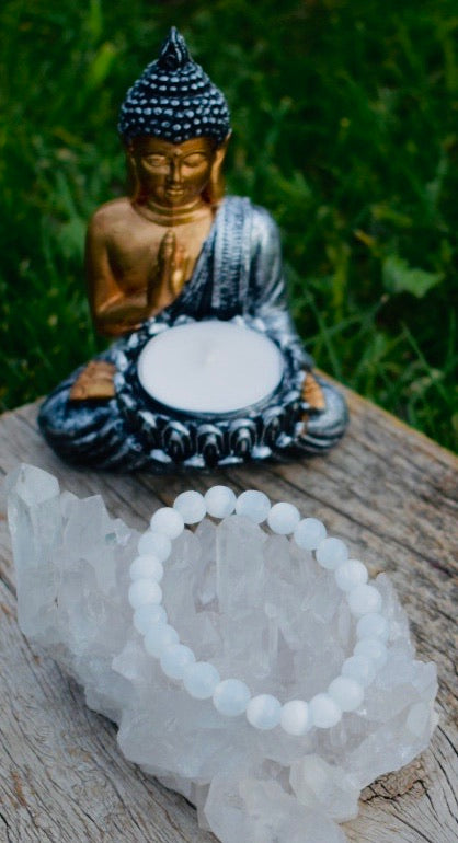 Natural WHITE SELENITE Single Stone Bracelet - grade A, 8mm Smooth Round Bead