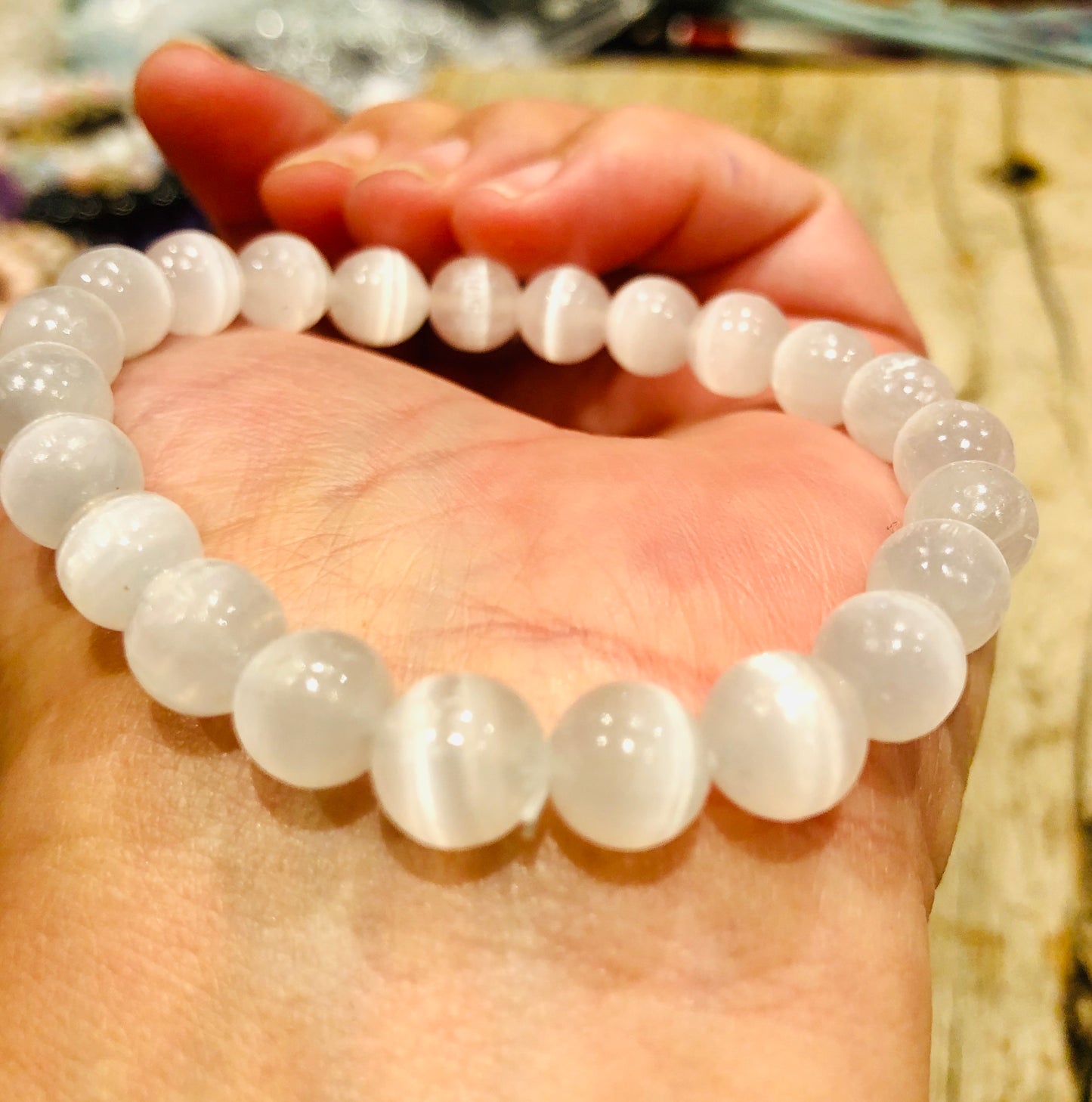 Natural WHITE SELENITE Single Stone Bracelet - grade A, 8mm Smooth Round Bead