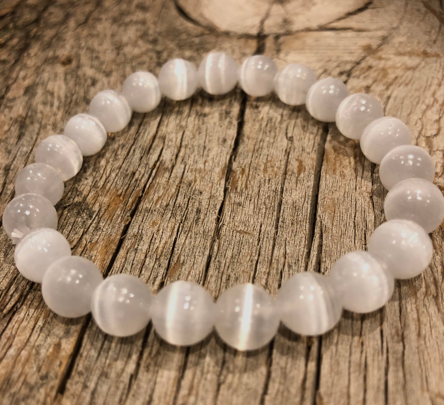 Natural WHITE SELENITE Single Stone Bracelet - grade A, 8mm Smooth Round Bead