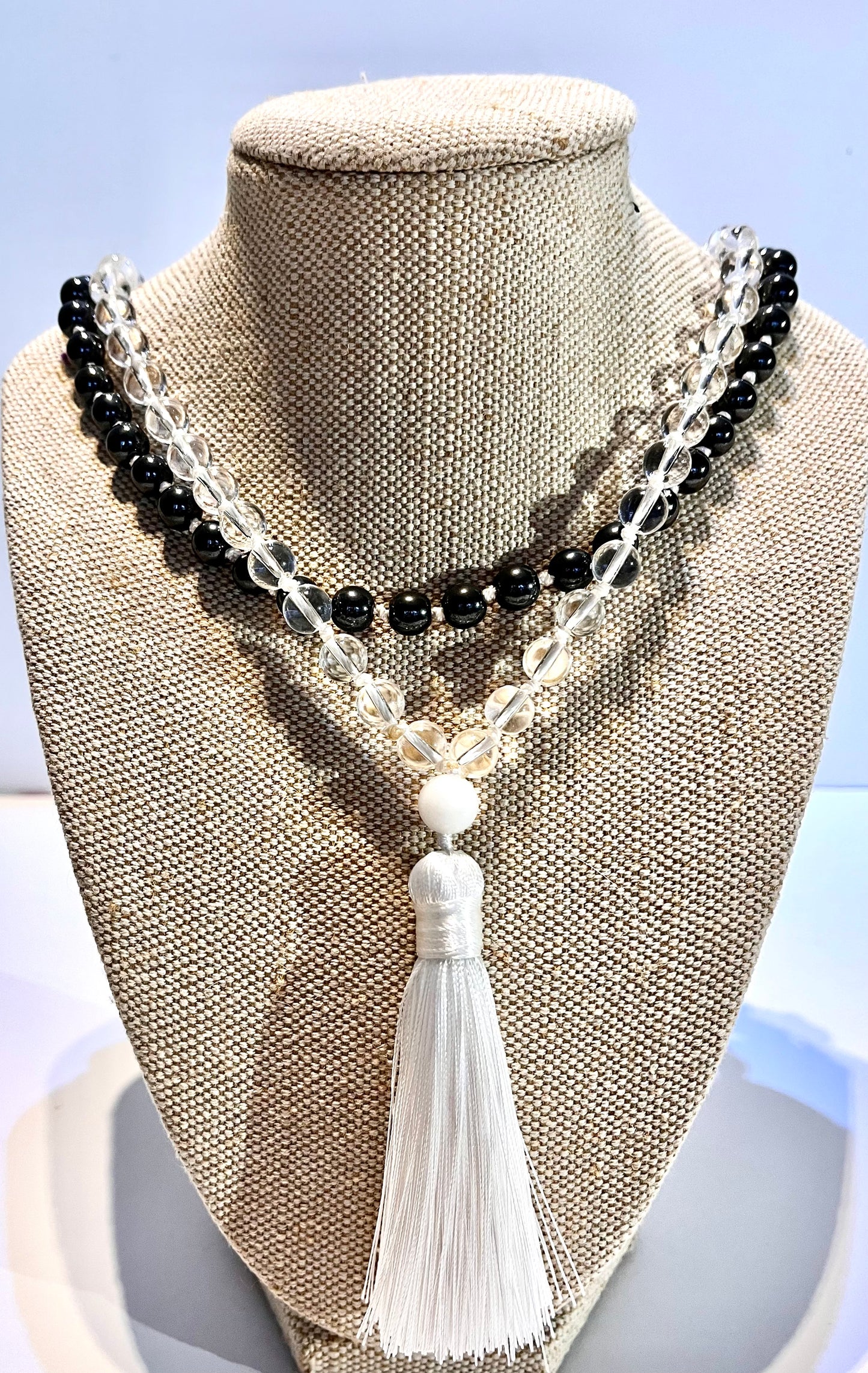 Clear Quartz,Hematite, Opalite and Black Labradorite Tassel Mala Bead