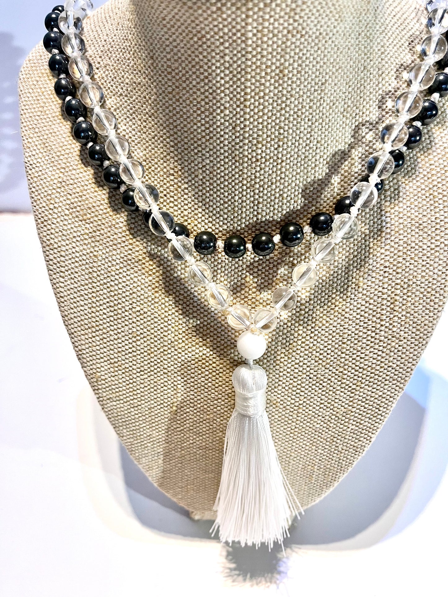 Clear Quartz,Hematite, Opalite and Black Labradorite Tassel Mala Bead