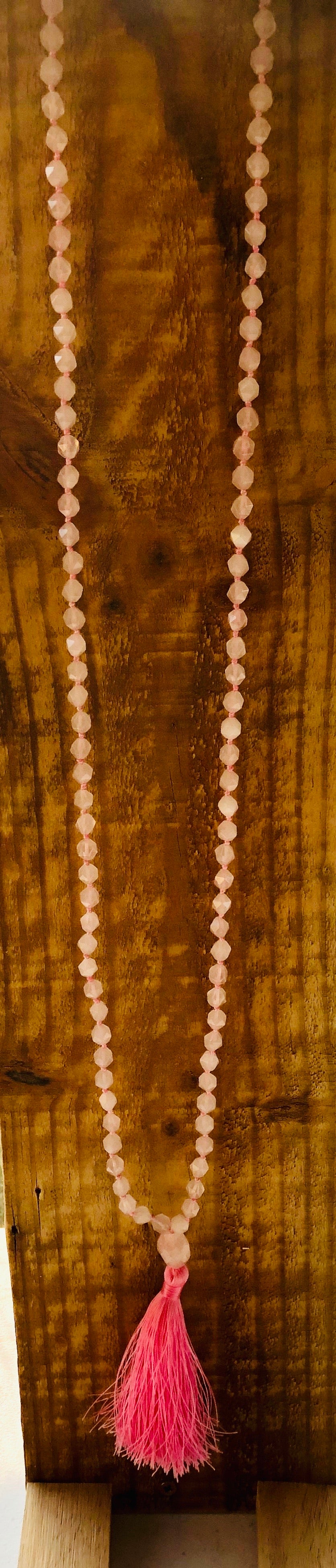 Rose Quartz 8 mm Diamond Cut Mala & Necklace, Rose Quartz Guru Bead