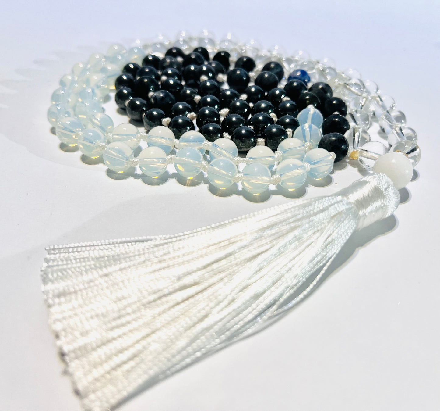 Clear Quartz,Hematite, Opalite and Black Labradorite Tassel Mala Bead