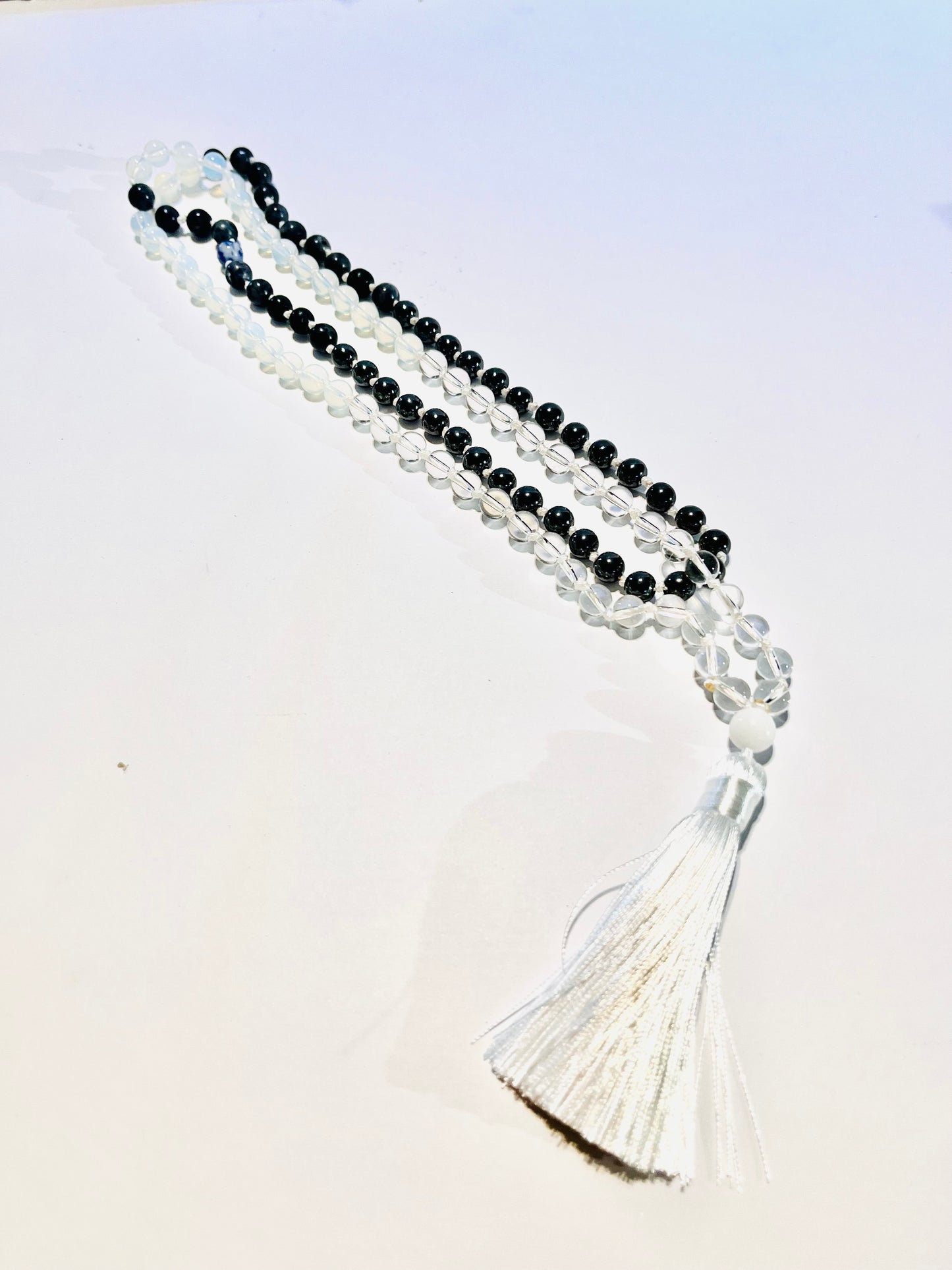 Clear Quartz,Hematite, Opalite and Black Labradorite Tassel Mala Bead