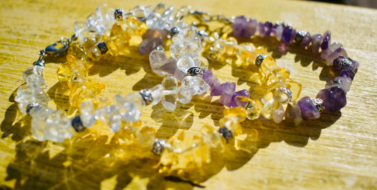 Beautiful Amethyst , Clear Quartz and Citrine chip Bracelets