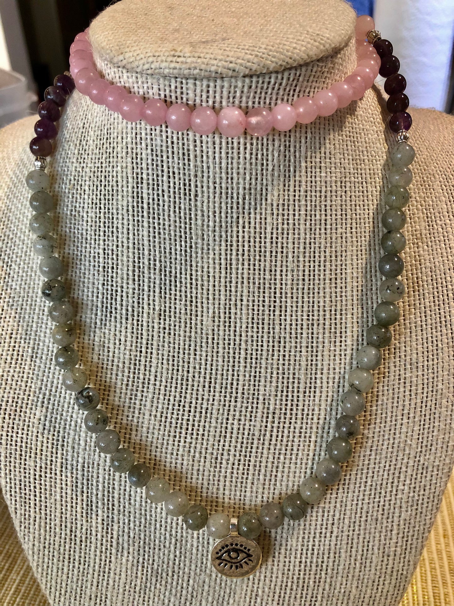 Rose quartz , Amethyst and Labradorite Mala