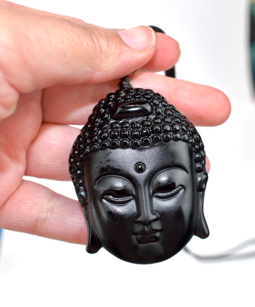 UNISEX NATURAL BLACK OBSIDIAN BUDDHA HEAD PENDANT NECKLACE